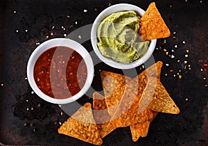 Mexican food concept Ã¢â¬â Doritos, guacamole and salsa